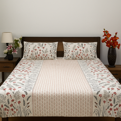 Floral Block Print Cotton Bedsheet Set – King Size with 2 Pillow Covers