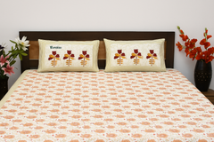 Pure Cotton King Size Bedsheet Set – Orange Floral Block Print with Designer Pillow