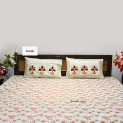 Pure Cotton King Size Bedsheet Set – Orange Floral Block Print with Designer Pillow