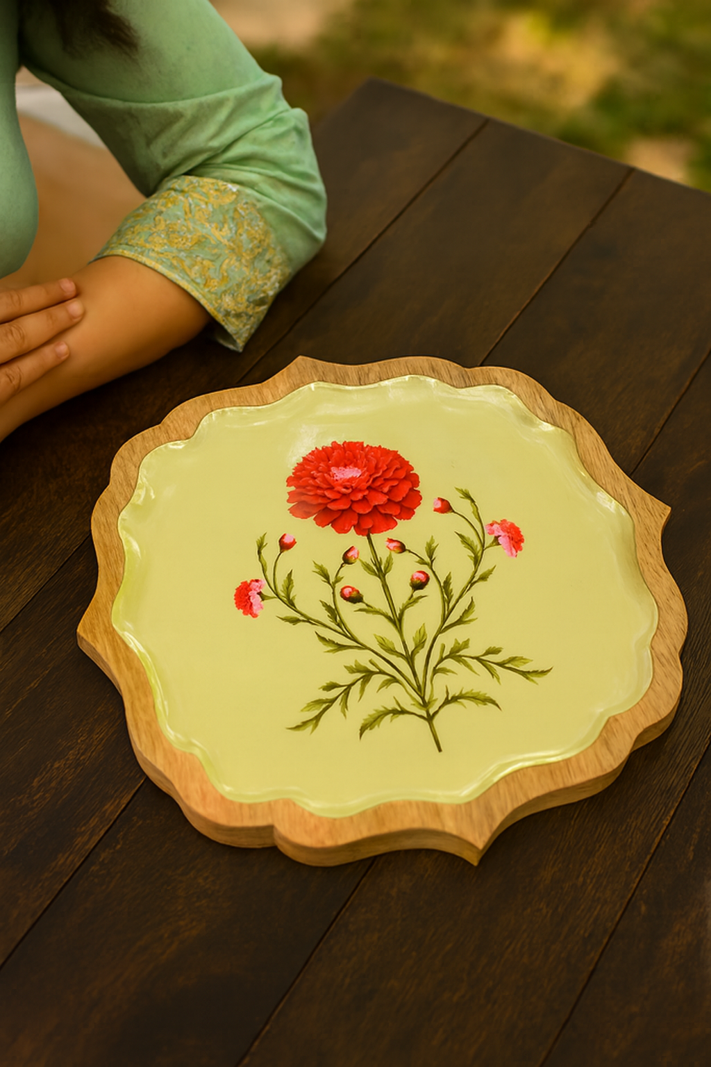 Wooden Enamel Decorative Tray (10 Inch) –  Marigold Artwork | Elegant Serve ware for Everyday Use