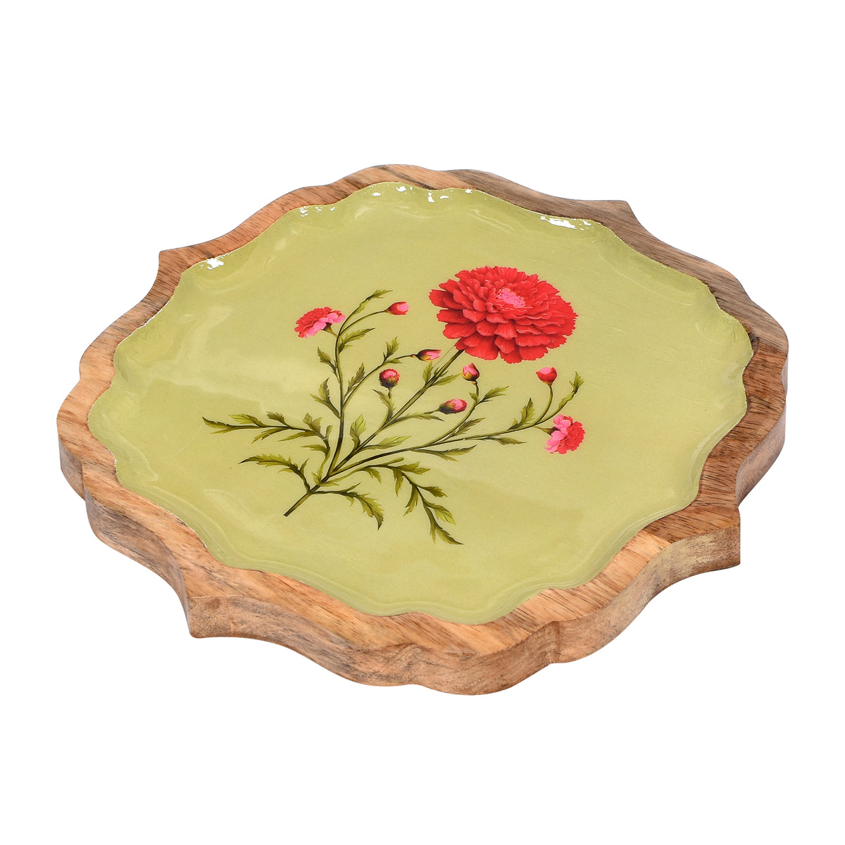 Premium 10" Wooden Enamel Tray – Green Marigold Floral Design