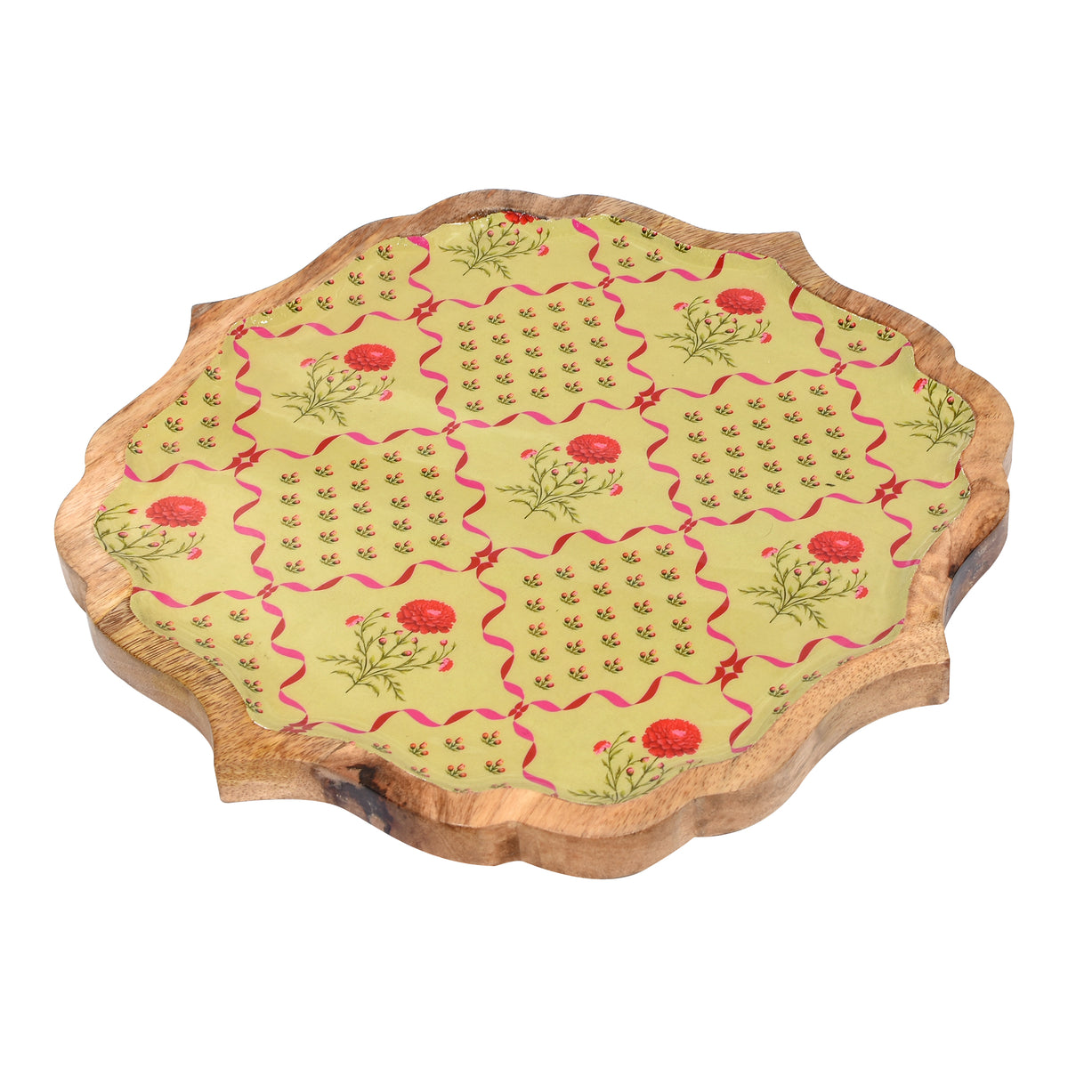 Premium Wooden Enamel Large Tray (12") – Green Floral Pattern | Perfect for Snacks, Tea & Table Décor