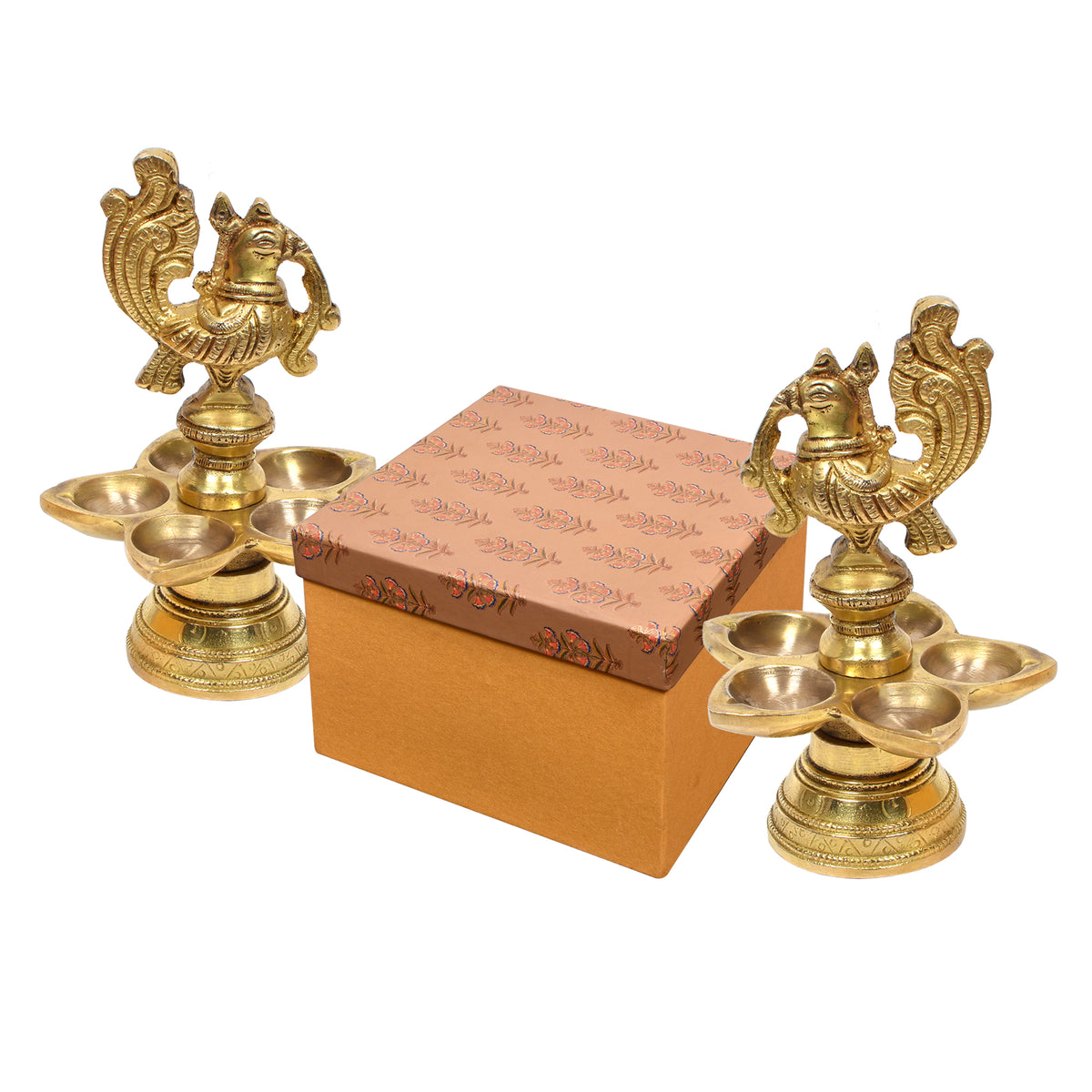 Brass Diya Gift Set – Twin Peacock Oil Lamps with Decorative Box- 5(inch)