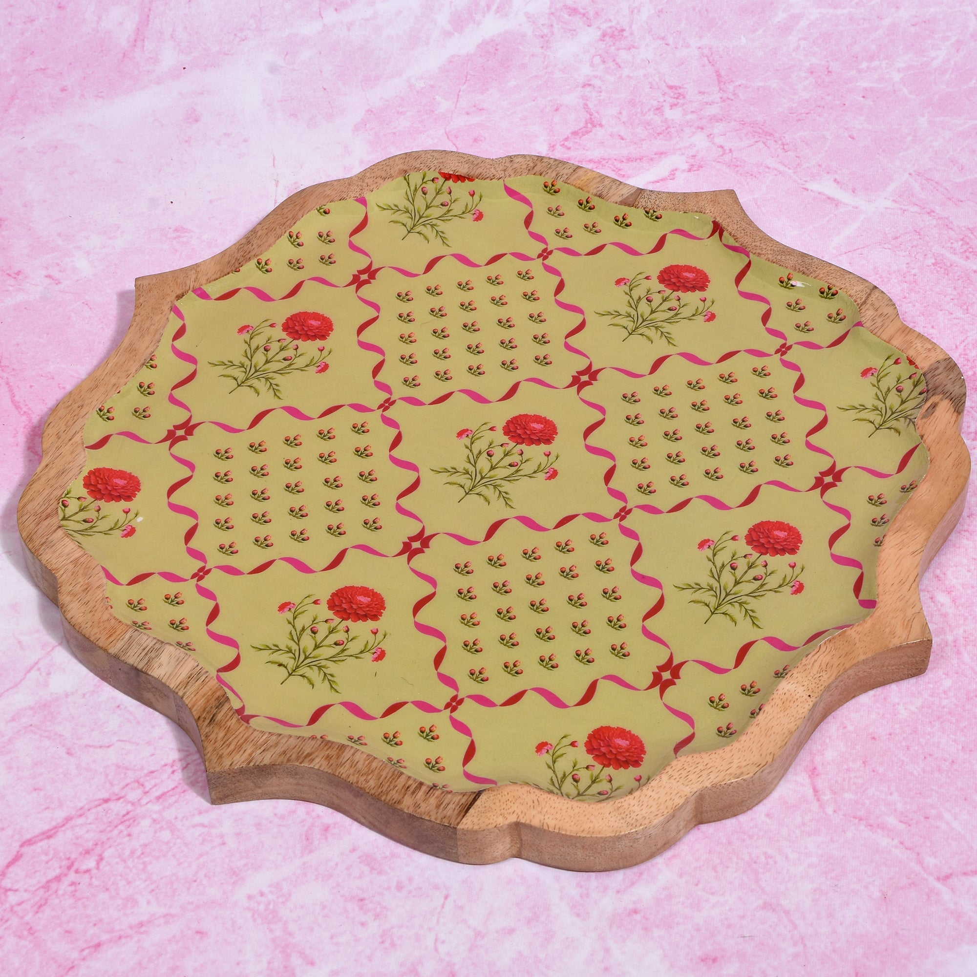 Premium Wooden Enamel Large Tray (12") – Green Floral Pattern | Perfect for Snacks, Tea & Table Décor