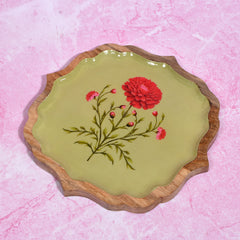 Premium 10" Wooden Enamel Tray – Green Marigold Floral Design