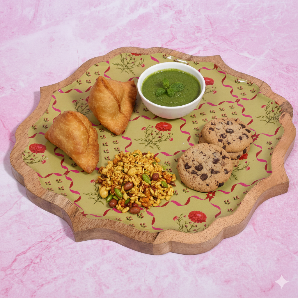 Premium Wooden Enamel Large Tray (12") – Green Floral Pattern | Perfect for Snacks, Tea & Table Décor