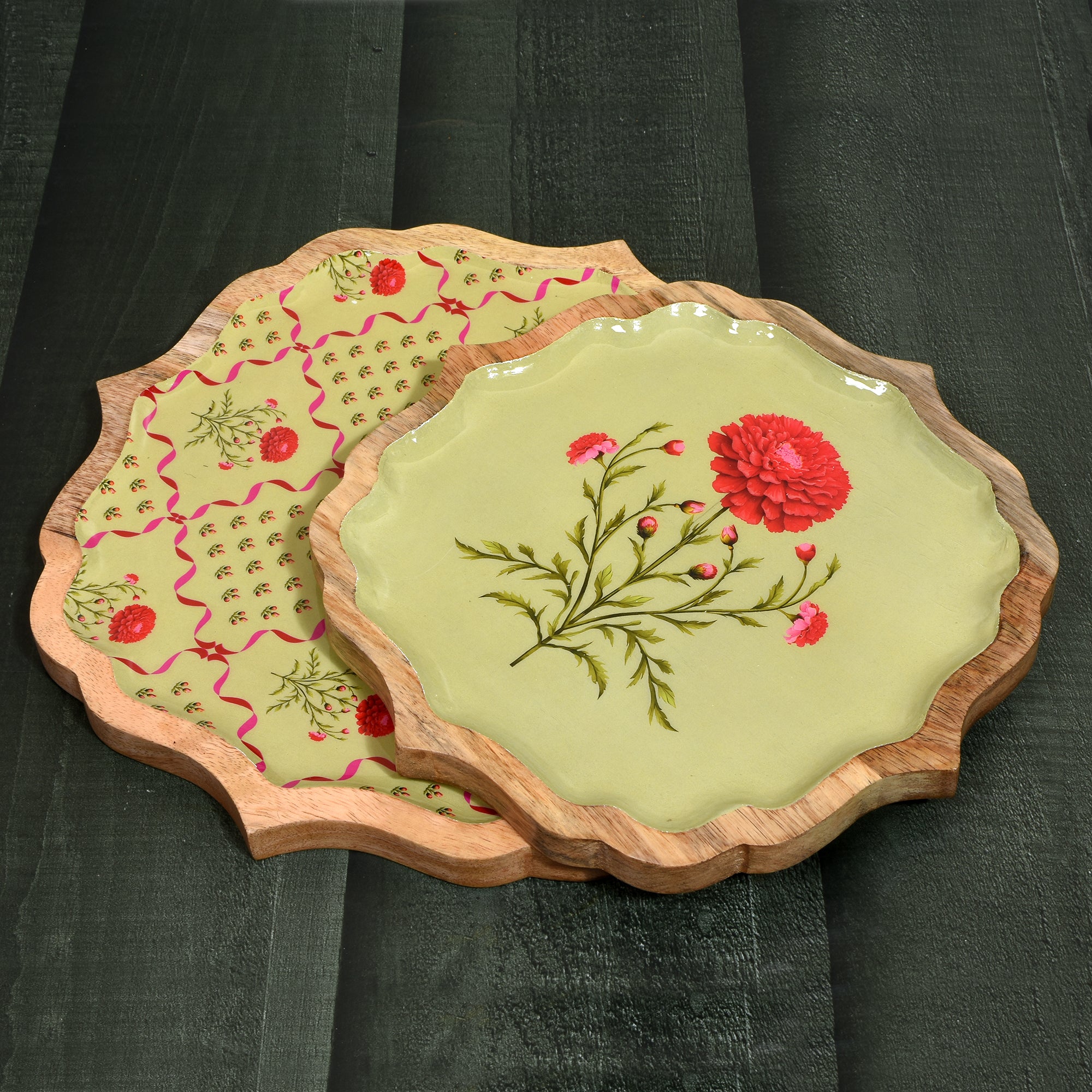 Green Wooden Enamel Tray Combo – 10" & 12" (Small + Large)