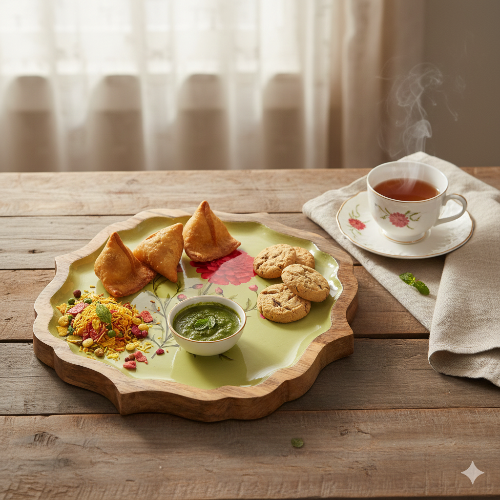 Premium 10" Wooden Enamel Tray – Green Marigold Floral Design