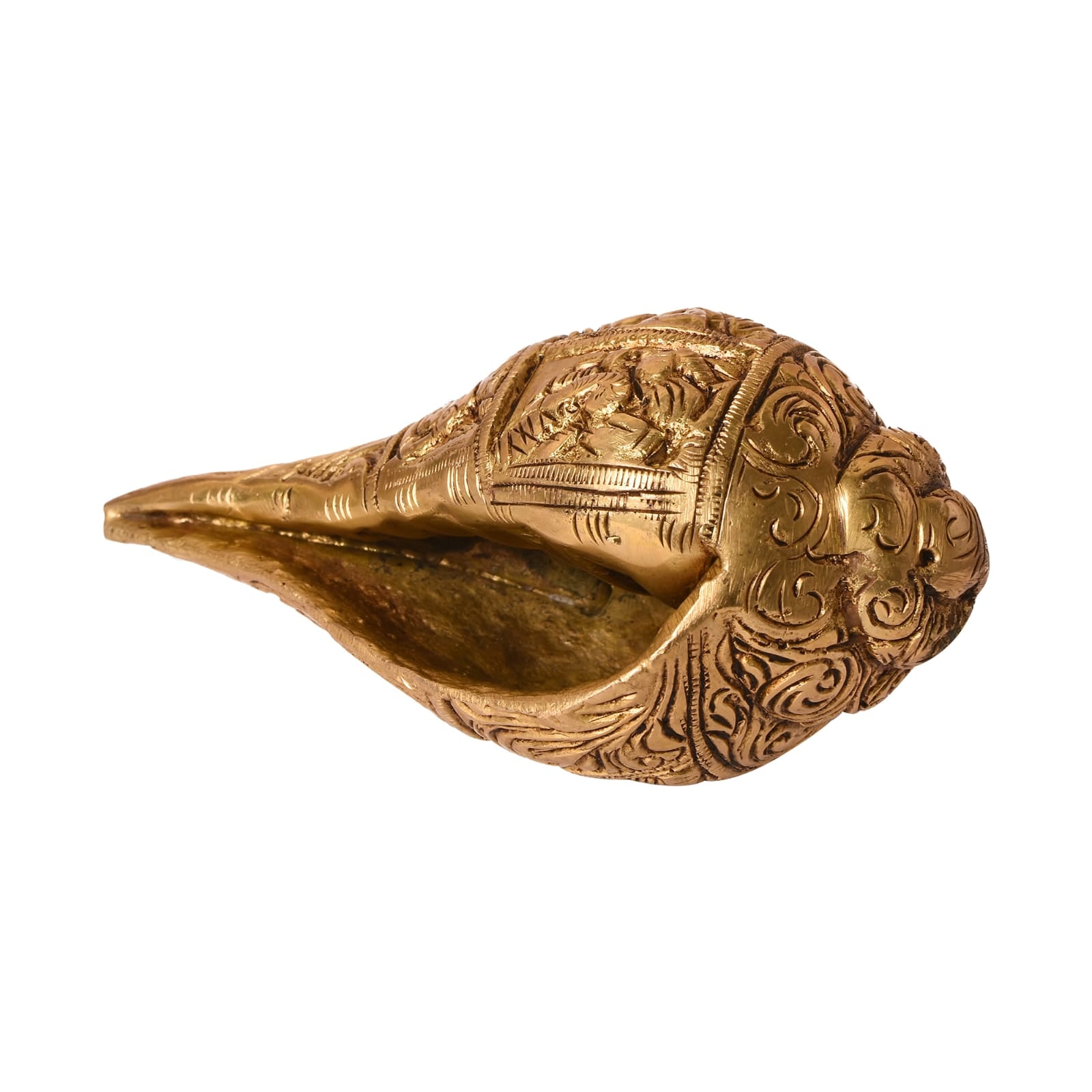 "Handcrafted Brass Shankh with Intricate Carvings – Decorative Sacred Conch Shell"