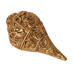 "Handcrafted Brass Shankh with Intricate Carvings – Decorative Sacred Conch Shell"