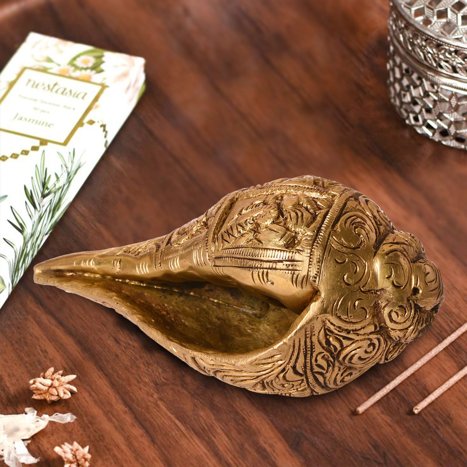 "Handcrafted Brass Shankh with Intricate Carvings – Decorative Sacred Conch Shell"
