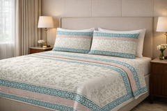 Elegant Floral Printed Bedsheet Set with Teal Border – Soft Cotton Double Bed Bedding