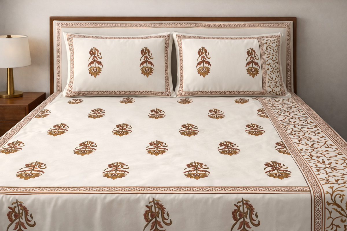 Hand Block Printed Cotton Bedsheet  (90 X108 ) IN