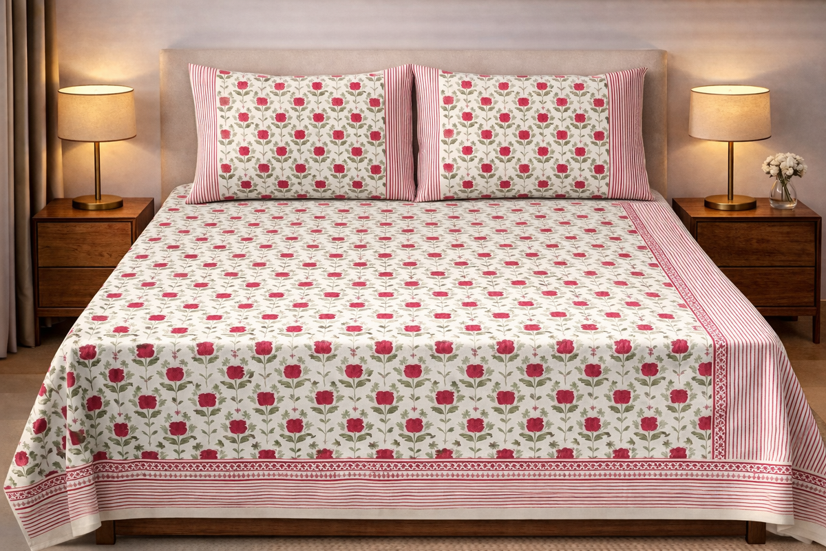 Hand Block Printed Cotton Bedsheet  (90 X108 ) IN