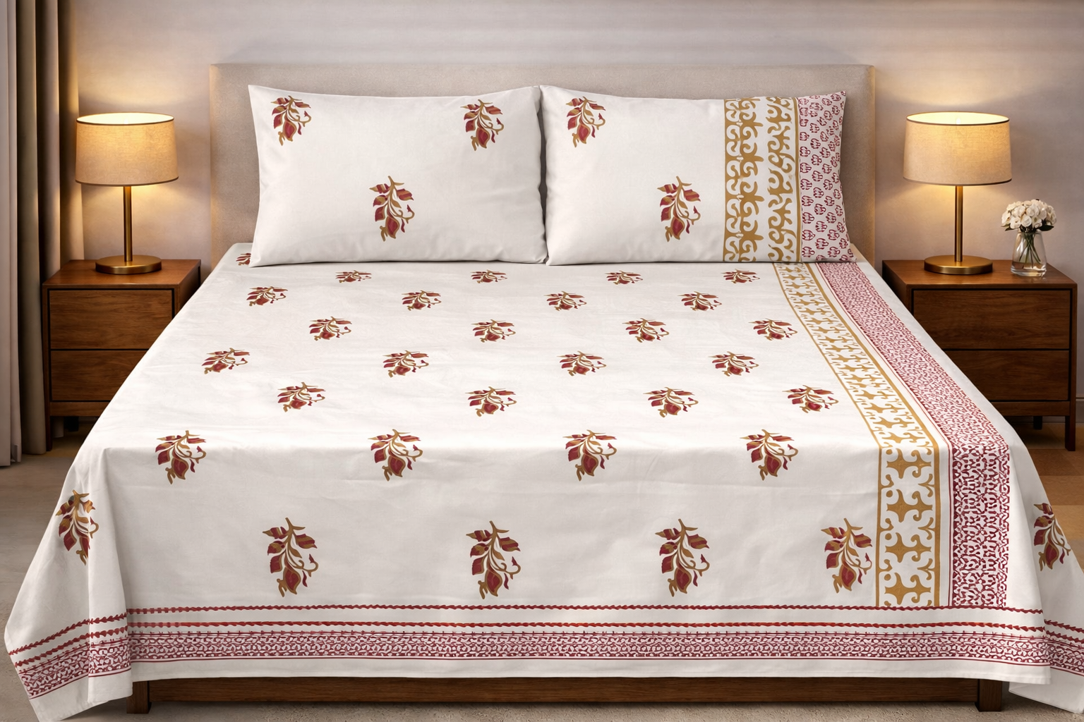 Hand Block Printed Cotton Bedsheet  (90 X108 ) IN