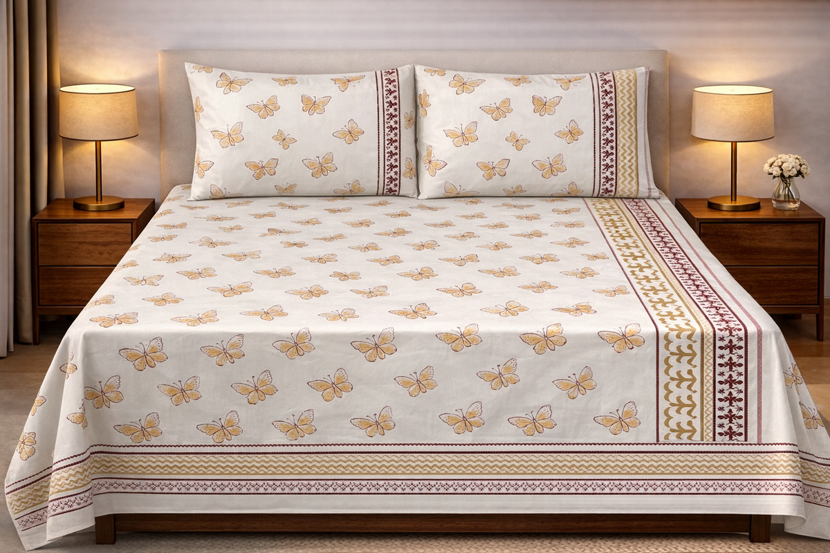 Hand Block Printed Cotton Bedsheet  (90 X108 ) IN