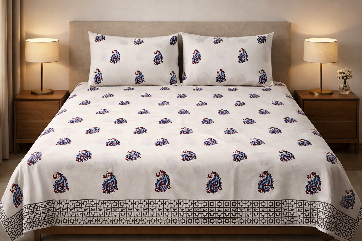 Hand Block Printed Cotton Bedsheet  (90 X108 ) IN