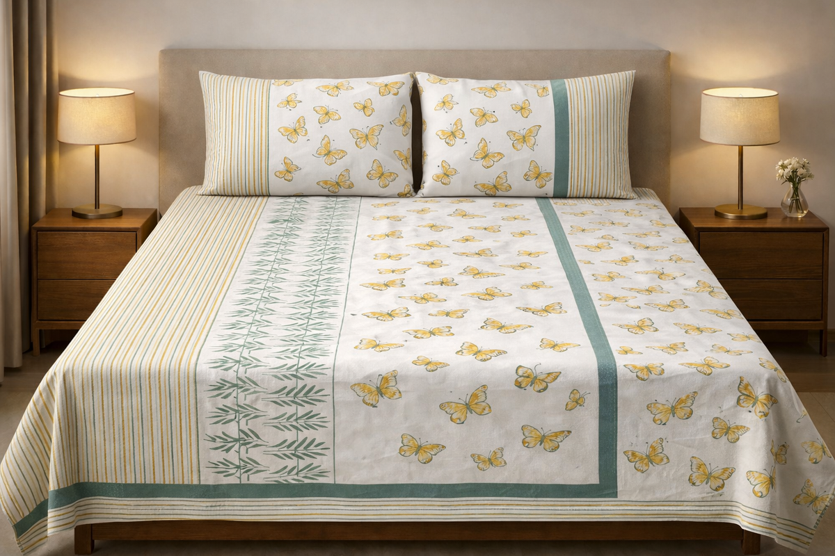 Hand Block Printed Cotton Bedsheet  (90 X108 ) IN