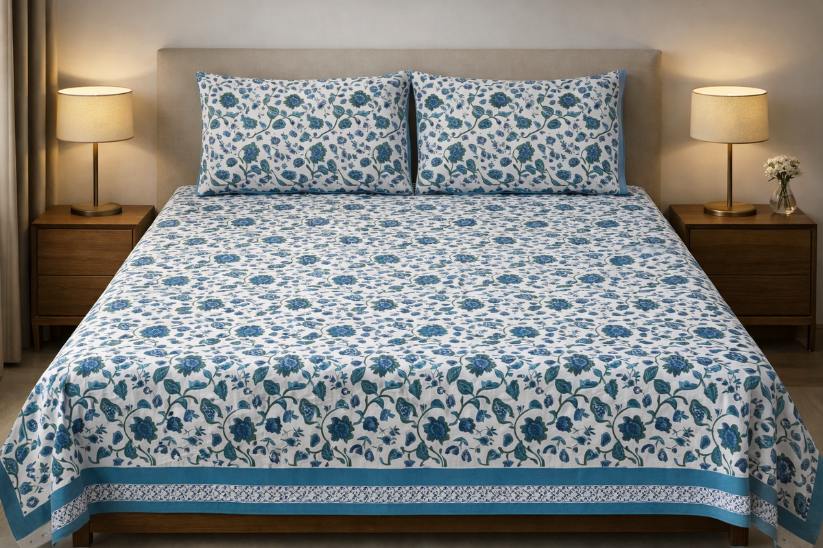 Hand Block Printed Cotton Bedsheet  (90 X108 ) IN