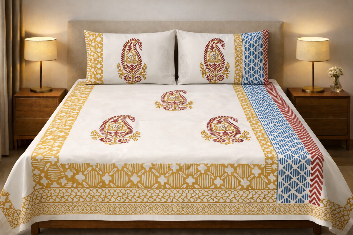 Hand Block Printed Cotton Bedsheet  (90 X108 ) IN