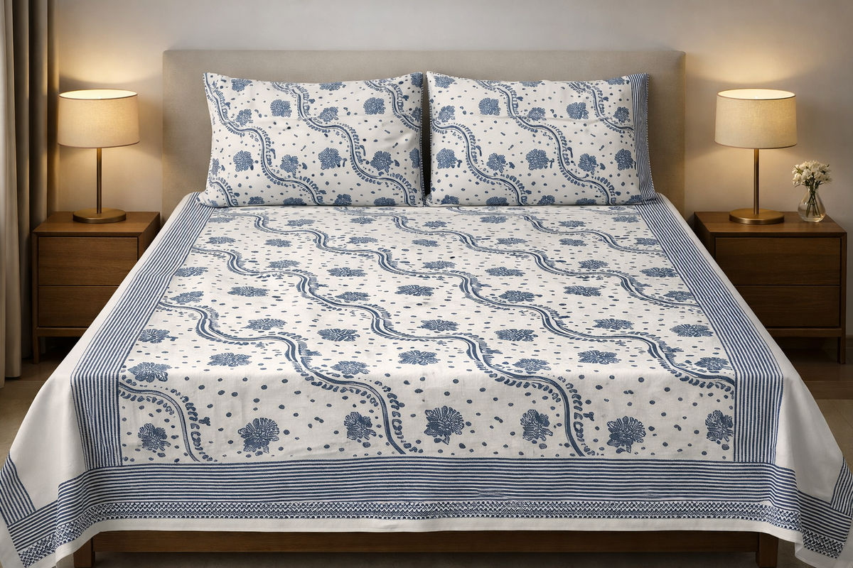 Hand Block Printed Cotton Bedsheet  (90 X108 ) IN