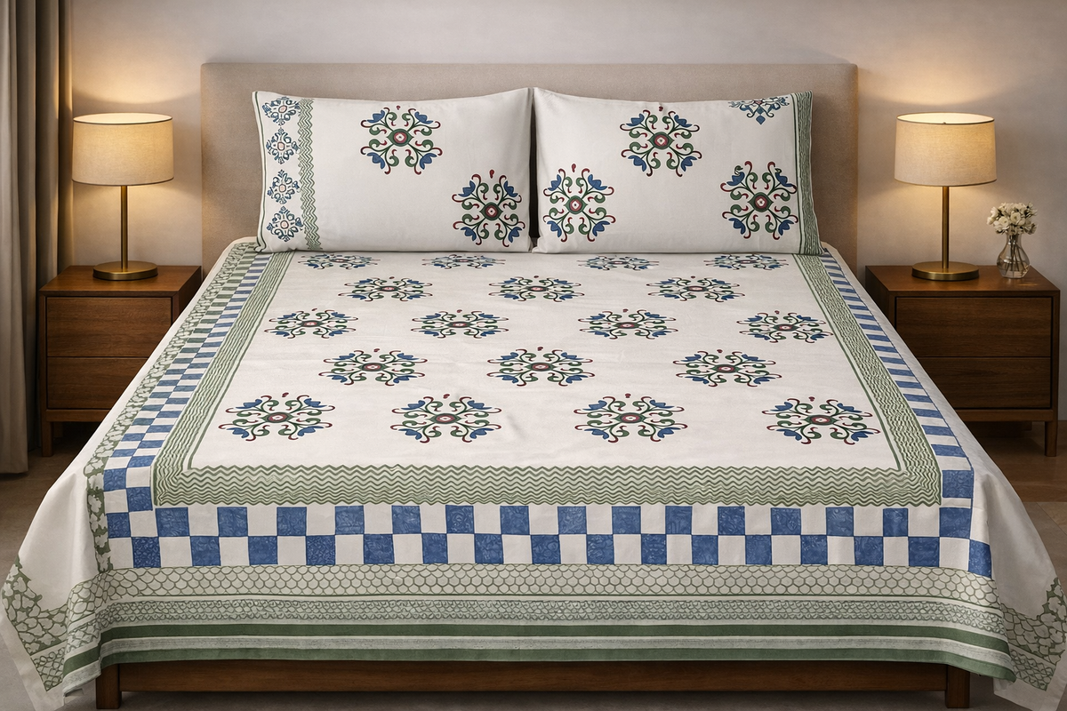 Hand Block Printed Cotton Bedsheet  (90 X108 ) IN