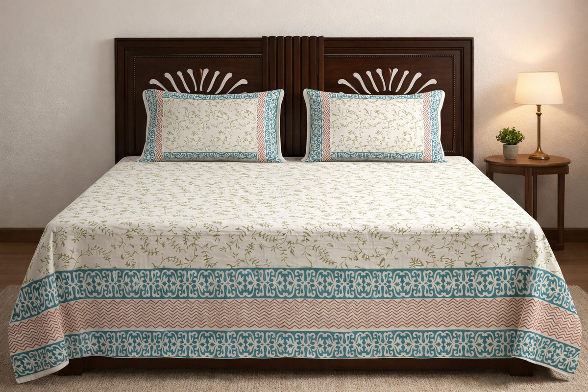Elegant Floral Printed Bedsheet Set with Teal Border – Soft Cotton Double Bed Bedding