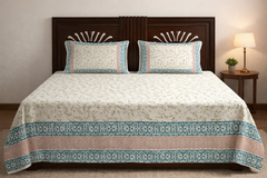 Elegant Floral Printed Bedsheet Set with Teal Border – Soft Cotton Double Bed Bedding
