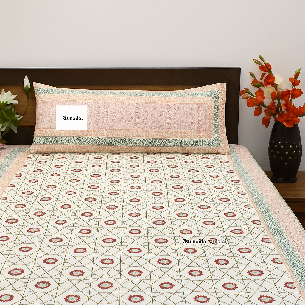 Pure Cotton King Size Bedsheet Set – Peach Green Geometric Floral Block Print