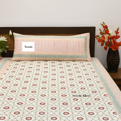 Pure Cotton King Size Bedsheet Set – Peach Green Geometric Floral Block Print
