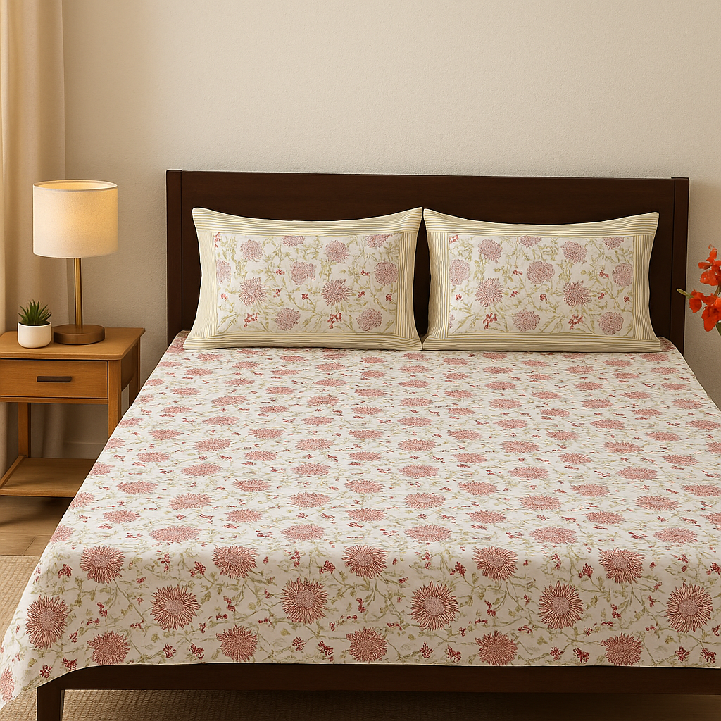 Pure Cotton Hand Block Print Bedsheet Set – Pink Floral Motif | King Size