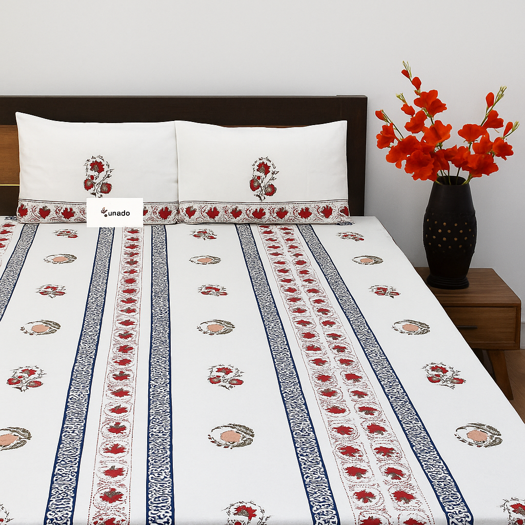 Pure Cotton King Size Bedsheet  Floral Block Print