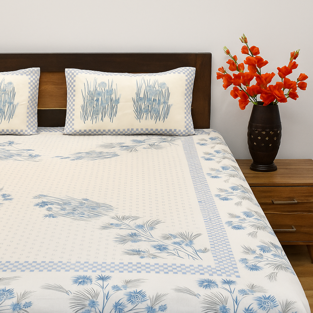 Pure Cotton King Size Bedsheet Set – Blue & White Floral Elegance with Pillow Covers