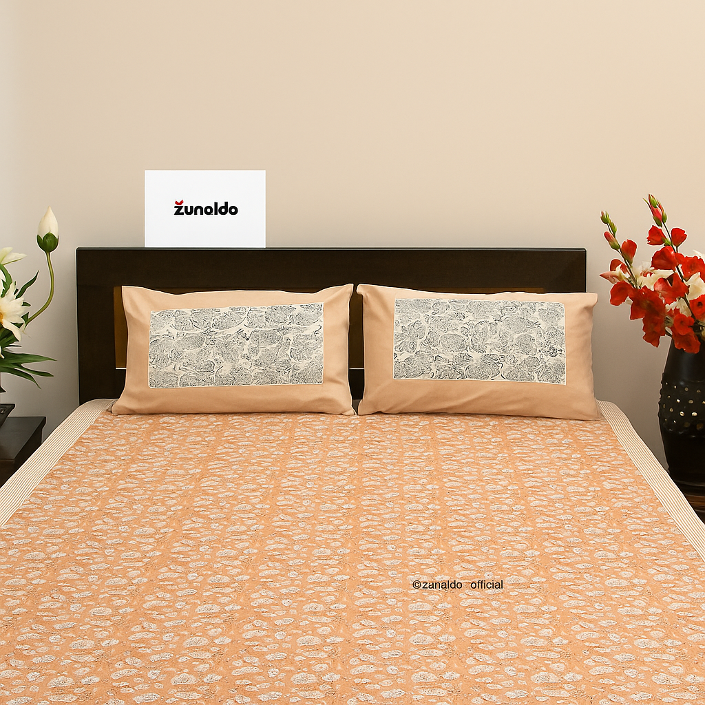 Peach Floral Hand Block Print Cotton Bedsheet Set – King Size (90x108 Inch) with 2 Pillow Covers