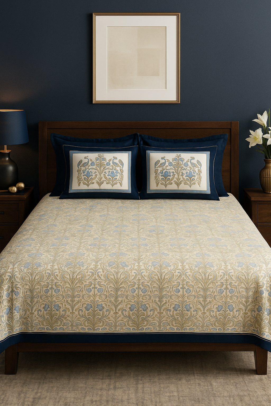 Peacock Block Print Cotton Bedsheet Set – King Size (90x108 Inch) with 2 Pillow Covers