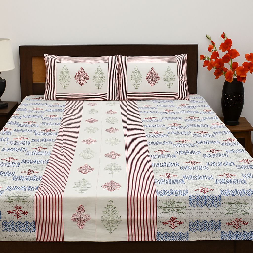 Multicolor Floral Striped Hand Block Cotton Bedsheet Set – King Size (90x108 Inch) with Pillow Covers