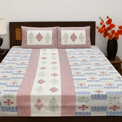 Multicolor Floral Striped Hand Block Cotton Bedsheet Set – King Size (90x108 Inch) with Pillow Covers