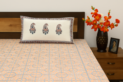 Peach Mughal Paisley Block Print Cotton Bedsheet – King Size with 2 Pillow Covers