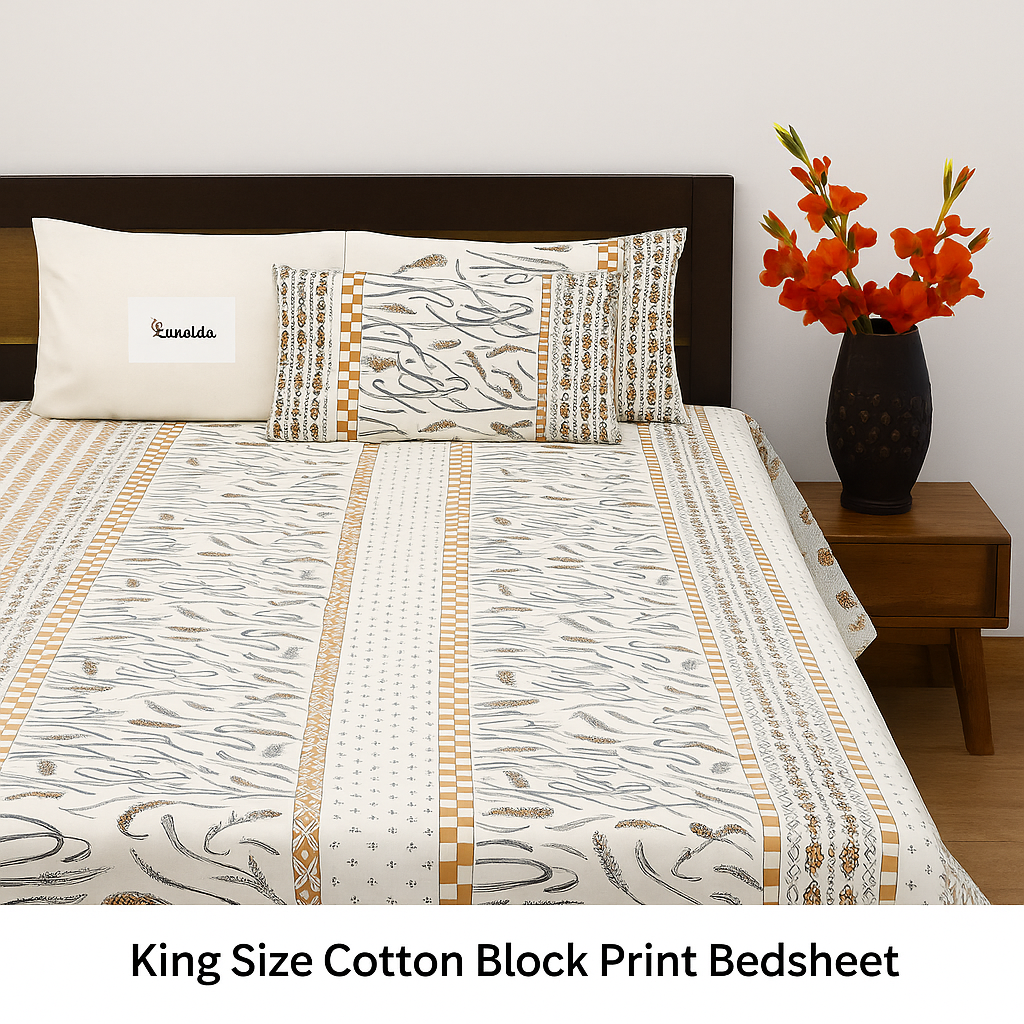 Pure Cotton Double Bedsheet – Wheat Motif Hand Block Print with Pillow Covers