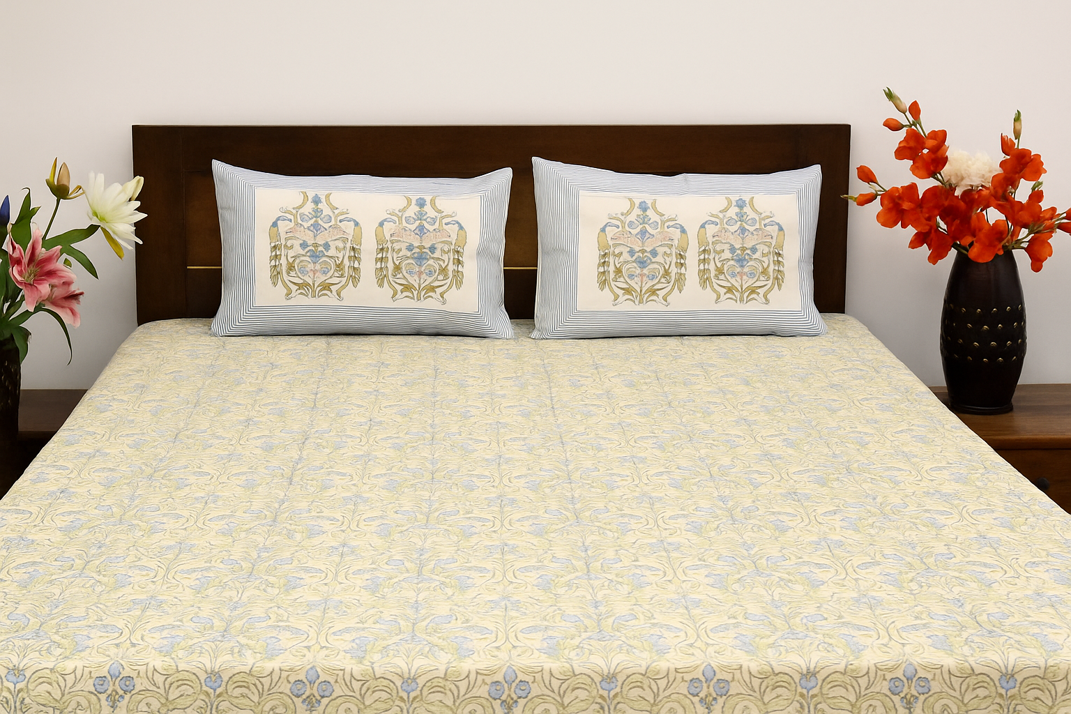 "Peacock Garden Hand Block Printed Bedsheet – Pure Cotton King Size with Pillow Covers"