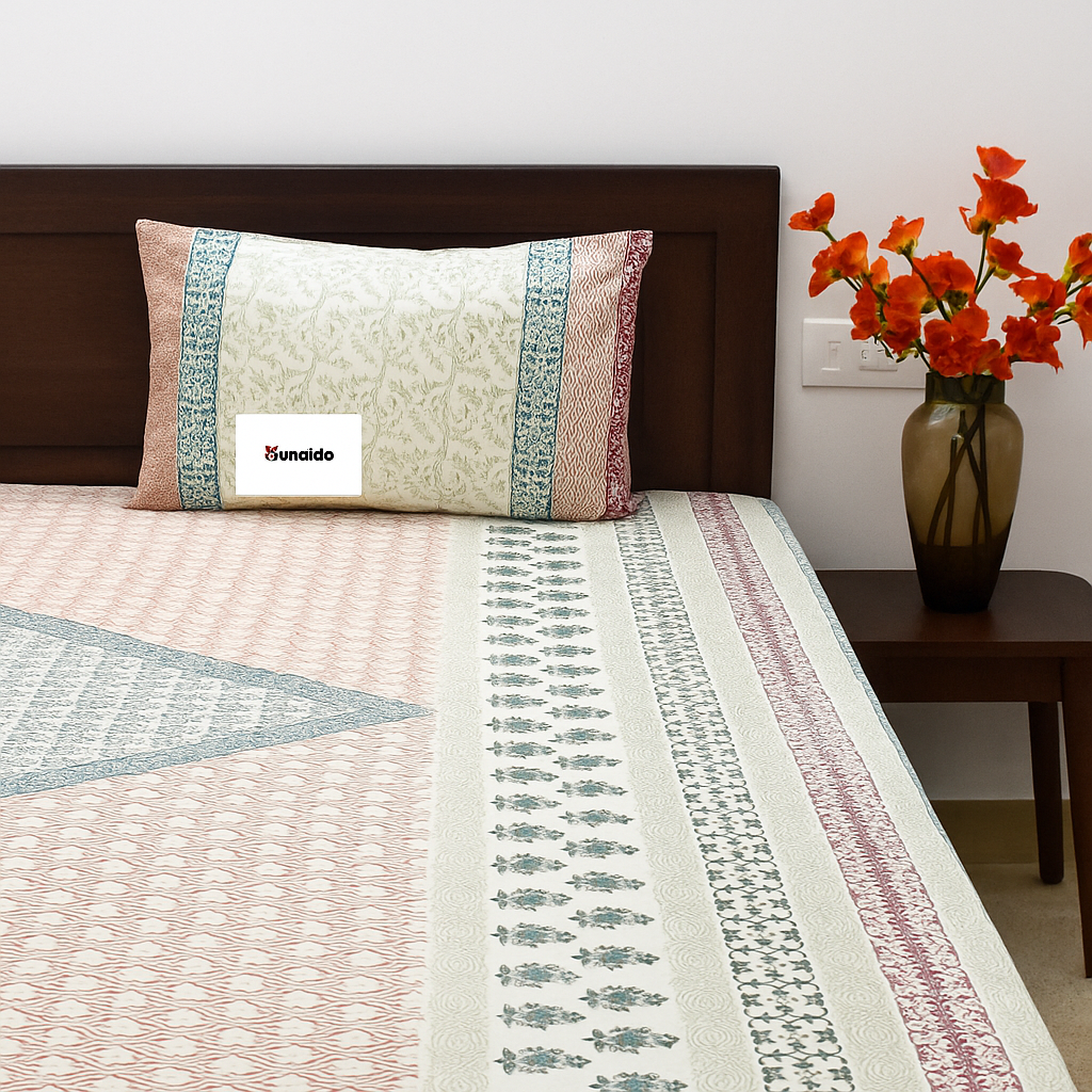 Elegant Multicolor Floral Block Print Cotton Bedsheet – King Size with 2 Pillow Covers