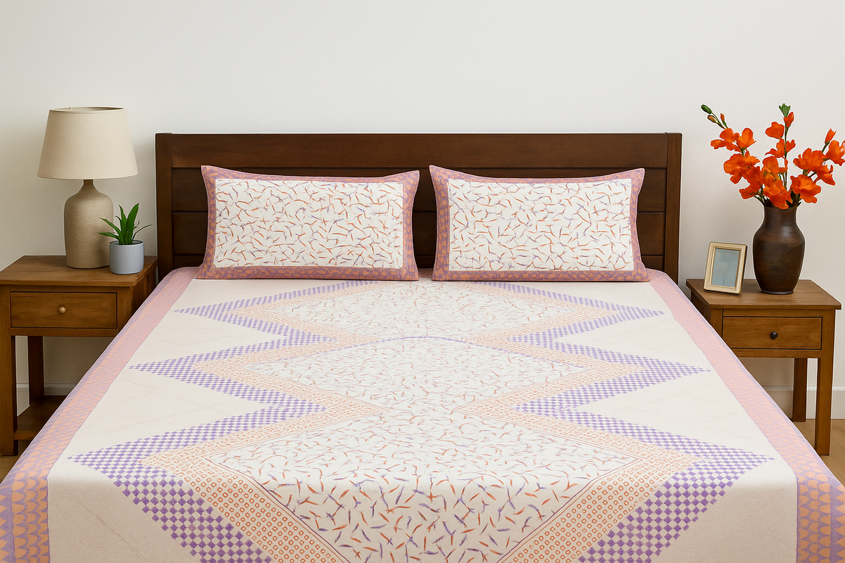Hand Block Printed Cotton Bedsheet – Peach & Lavender Geometric Pattern | 90 X 108 In