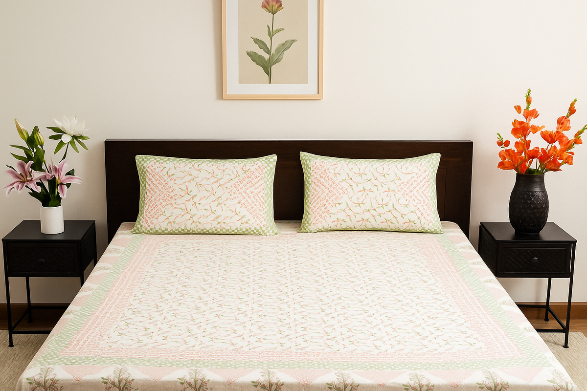 Green & Peach Floral Block Printed Pure Cotton Bedsheet – King Size (90X108 In)