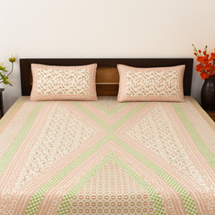 Peach & Green Geometric Floral Block Printed Cotton Bedsheet – King Size | Zunaldo