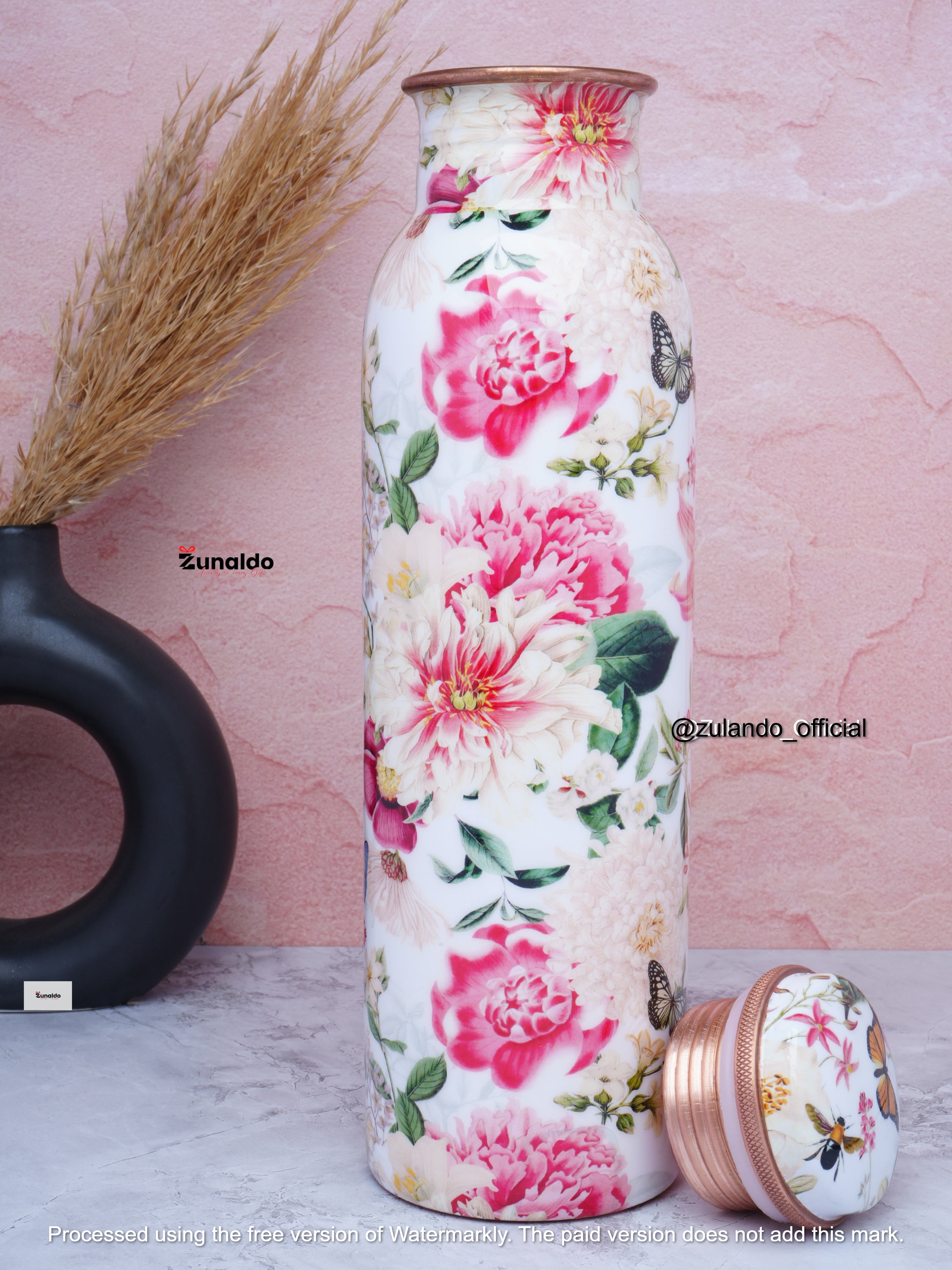 Floral Print Pure Copper Bottle – 900 ml
