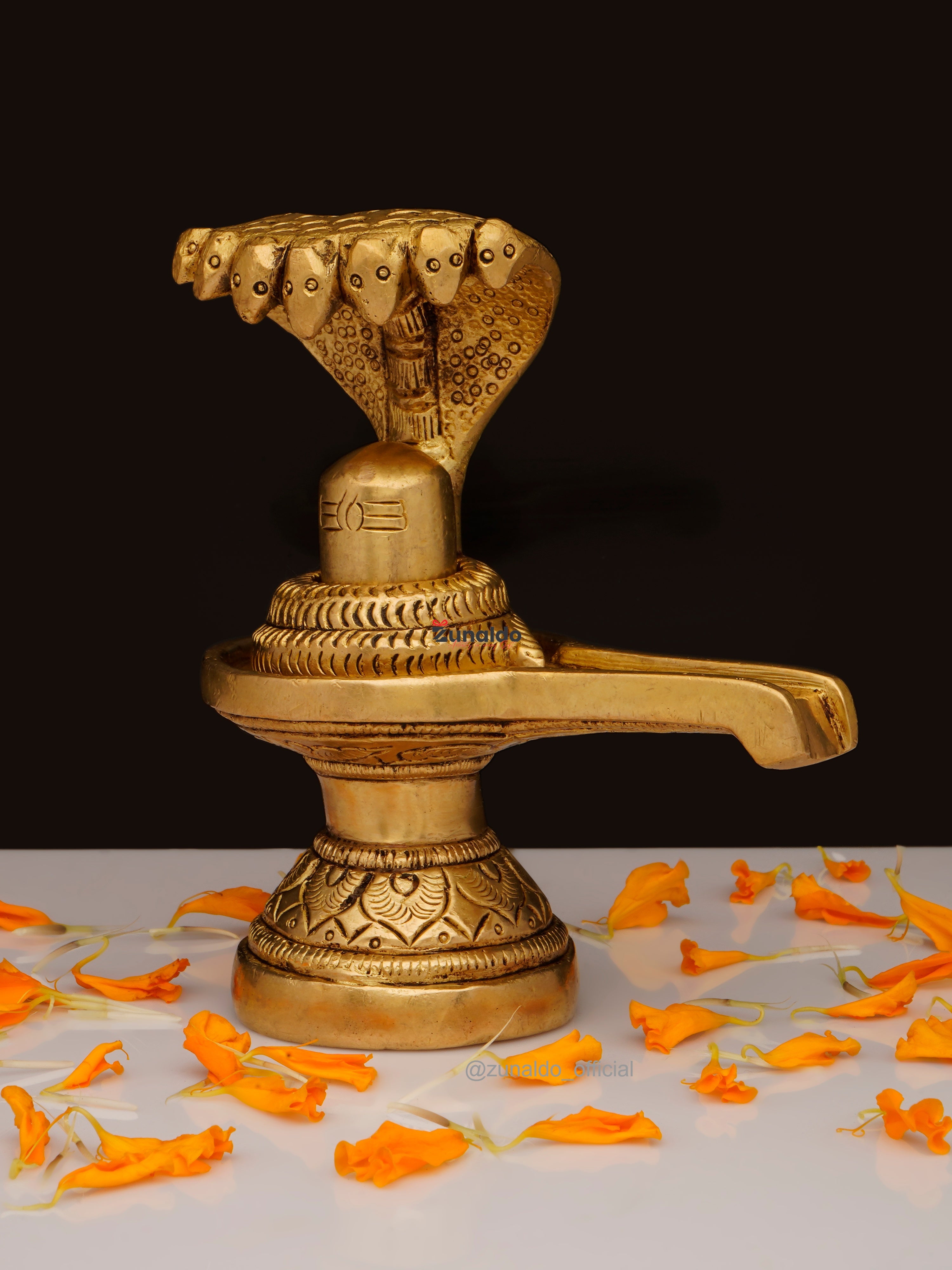 Brass Shivling with Cobra & Carved Base - 4 Inch