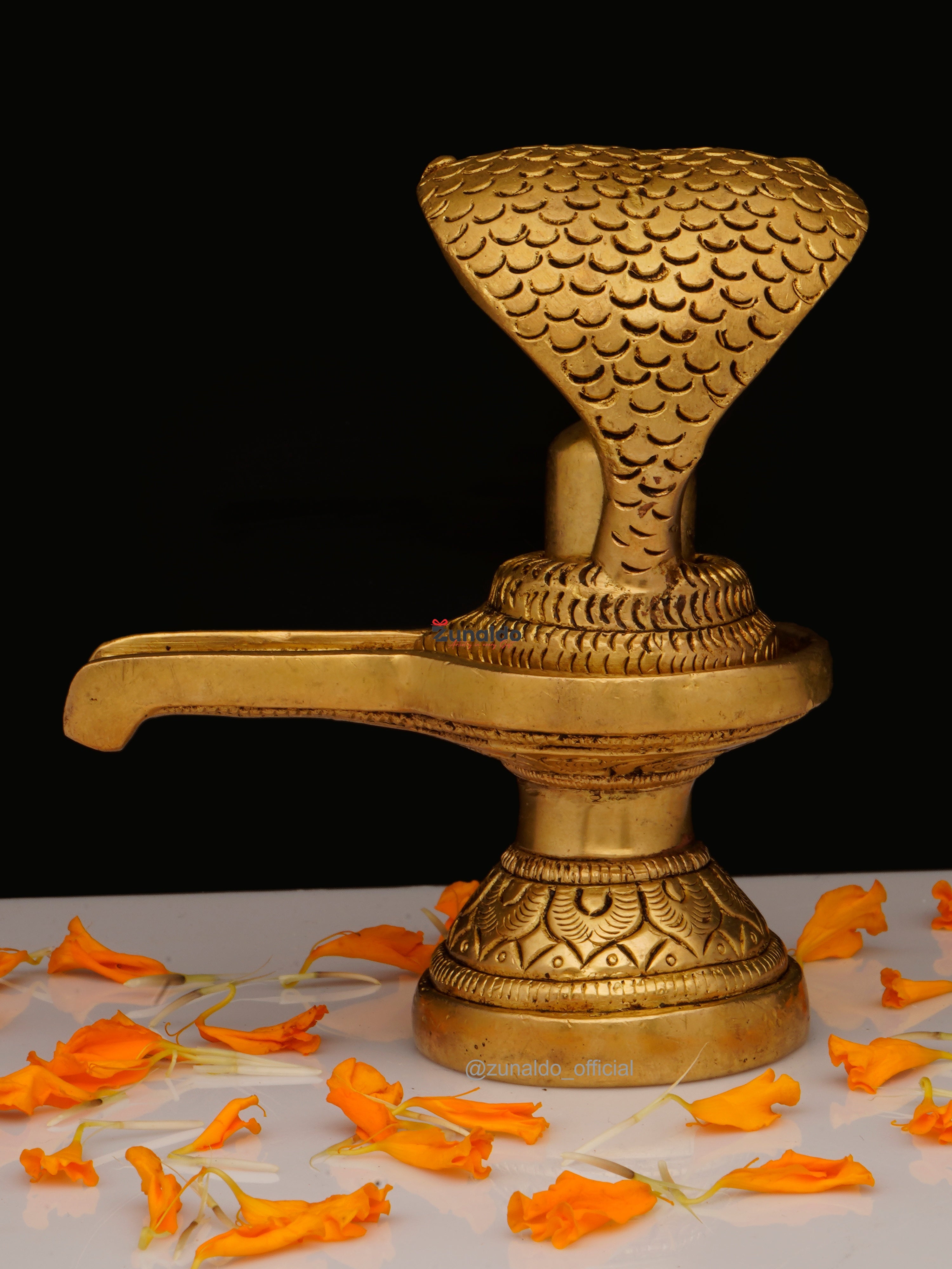 Brass Shivling with Cobra & Carved Base - 4 Inch