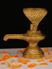 Brass Shivling with Cobra & Carved Base - 4 Inch