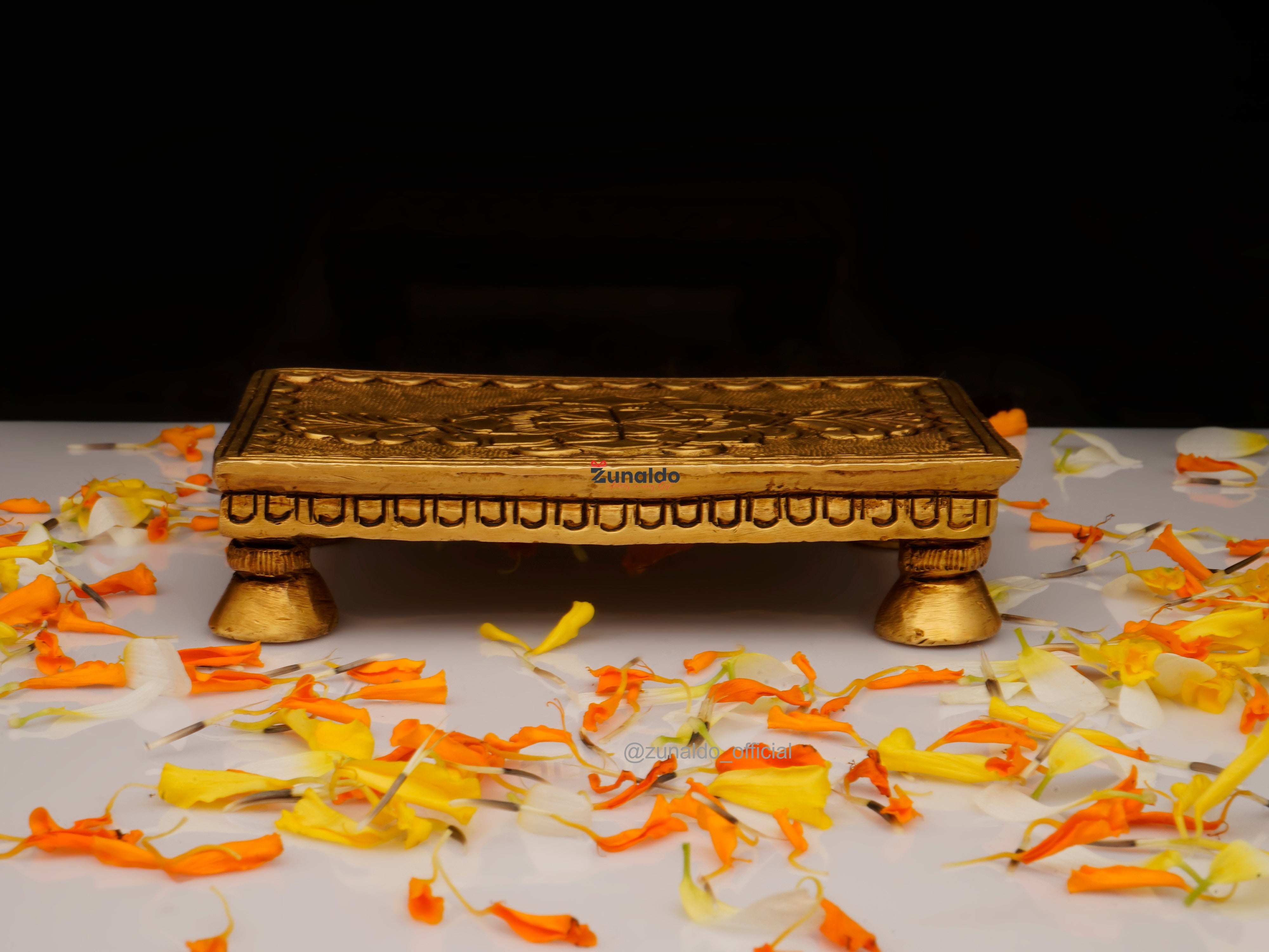 Brass Chowki Rectangular with Flower Carving & 4 Legs - 4x2.75 Inch