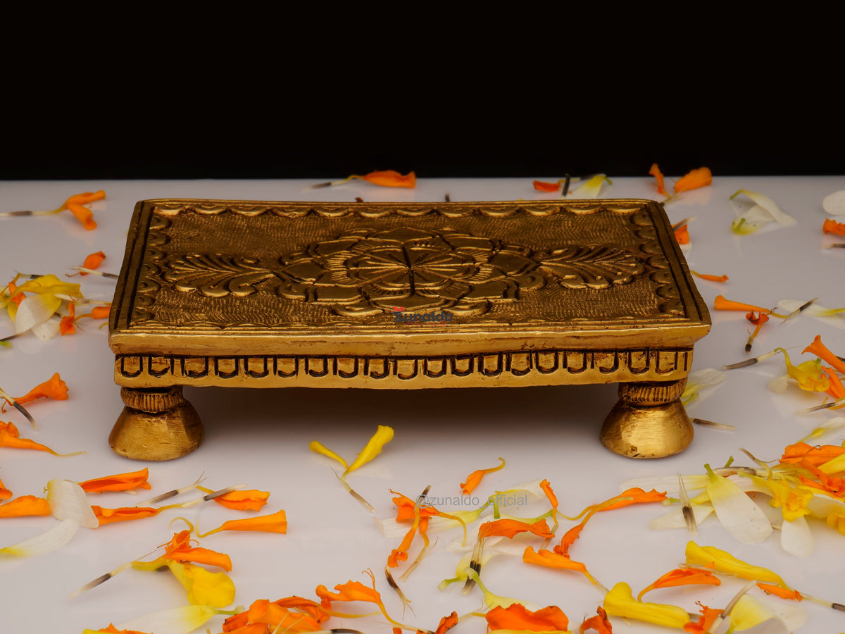 Brass Chowki Rectangular with Flower Carving & 4 Legs - 4x2.75 Inch
